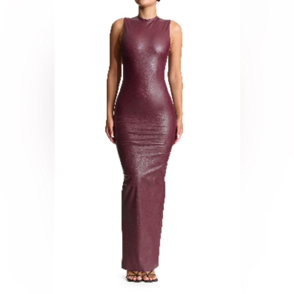 Naked Wardrobe Liquid Faux leather midi Dress in Dark Plum -size large worn once